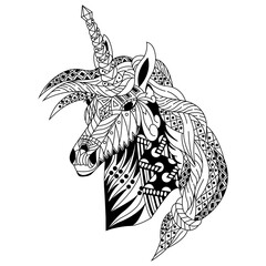 Hand drawn of unicorn head in zentangle style