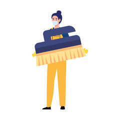 Sticker - woman worker of cleaning service wearing medical mask, with brush for cleaning, on white background vector illustration design