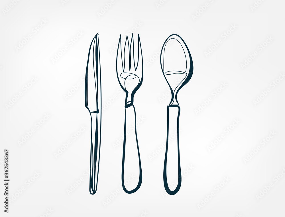 knife spoon fork vector one line art isolated illustration Stock Vector ...