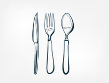 Knife Spoon Fork Vector One Line Art Isolated Illustration