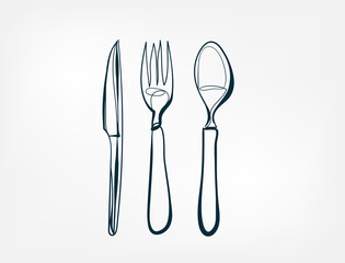 Wall Mural - knife spoon fork vector one line art isolated illustration