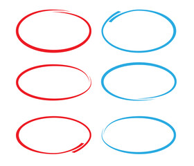 red and blue circular doodles or drawn circles for marking isolated on white vector illustration