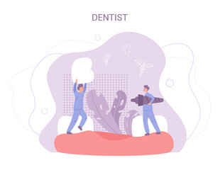 Wall Mural - Group of small dentists in uniform treat giant tooth using medical