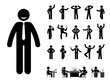 Stick figure office man different poses, emotions face design vector icon set. Happy, sad, surprised, amazed, angry, standing, sitting stickman person on white