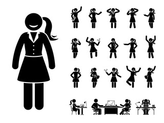 Stick figure office woman different poses, emotions face design vector icon set. Happy, sad, surprised, amazed, angry, standing, sitting stickman lady person on white