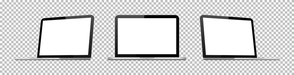 Poster - Laptop mockup. Computer with screen isolated on transparent background. 3d pc of air, pro. Isometric notebook. Top of branding. Open blank monitor in front. Gray device for users of website. Vector