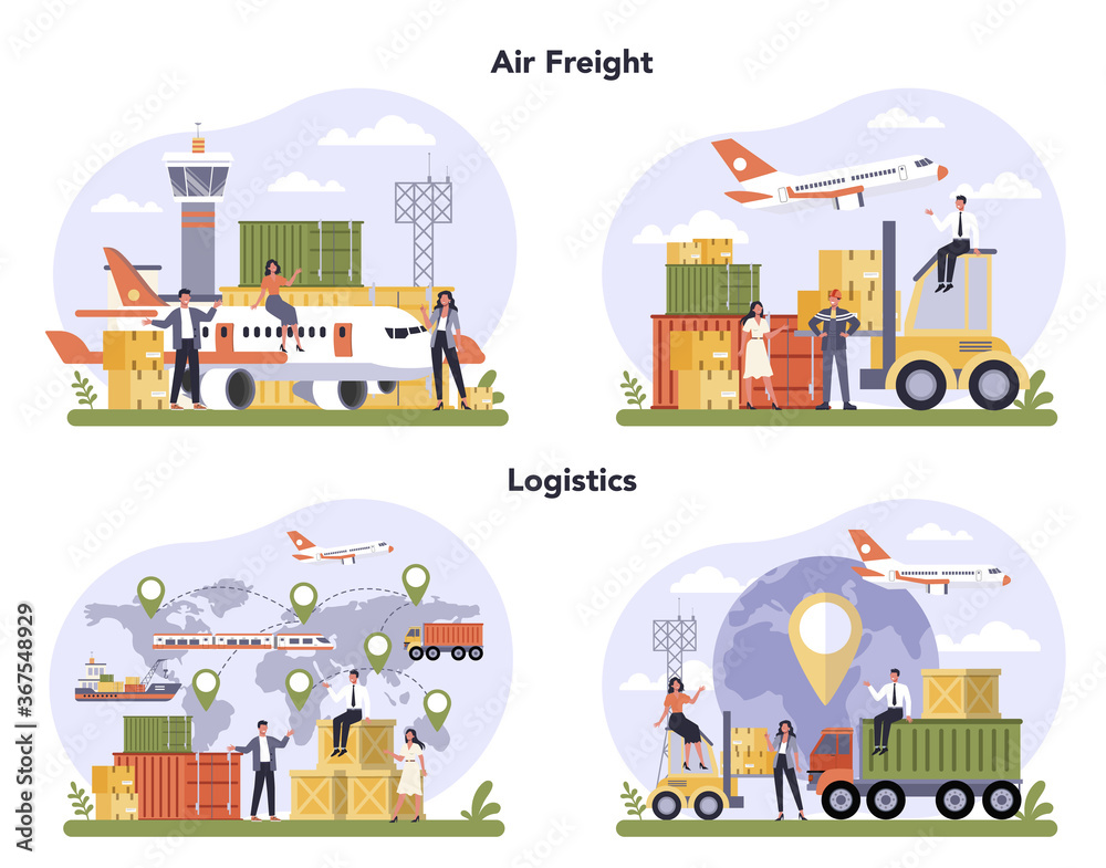 Air freight and logistic industry set. Cargo transportation service. Idea - obrazy, fototapety, plakaty 