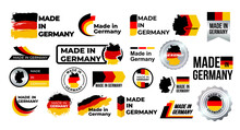 Made In Germany. Big Set Of Label, Stickers, Pointer, Badge, Symbol And Page Curl With German Flag Icon On Design Element. Collection Vector Illustration. Isolated On White Background.