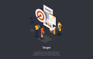 Poster - digital marketing with big target and arrow. characters searching trends, strategies and product pro