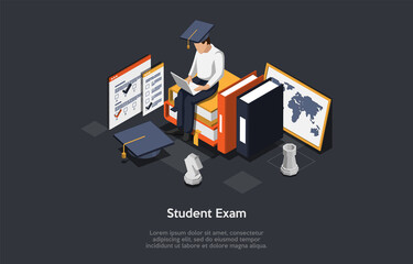 Wall Mural - Online Exam, Questionnaire Form Concept. Student In Uniform And Academic Hat Sitting On Stacks Of Books And Typing On Laptop. Remote Exam, Distant Online Education. Isometric 3D Vector Illustration