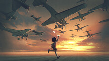 The Boy Plays Paper Airplanes And Looking At Planes Flying In The Sunset Sky, Digital Art Style, Illustration Painting