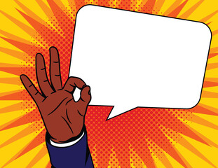 Colored vector illustration in pop art comic style.  Male hand with an approved sign. African American man shows his agreement with a gesture. 