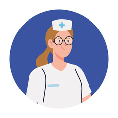 Sticker - nurse with uniform, female nurse in frame circular vector illustration design