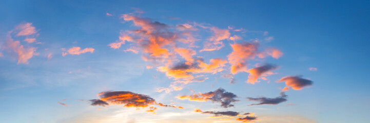 Twilight panorama sky background with colorful cloud in dusk. Panoramic image.