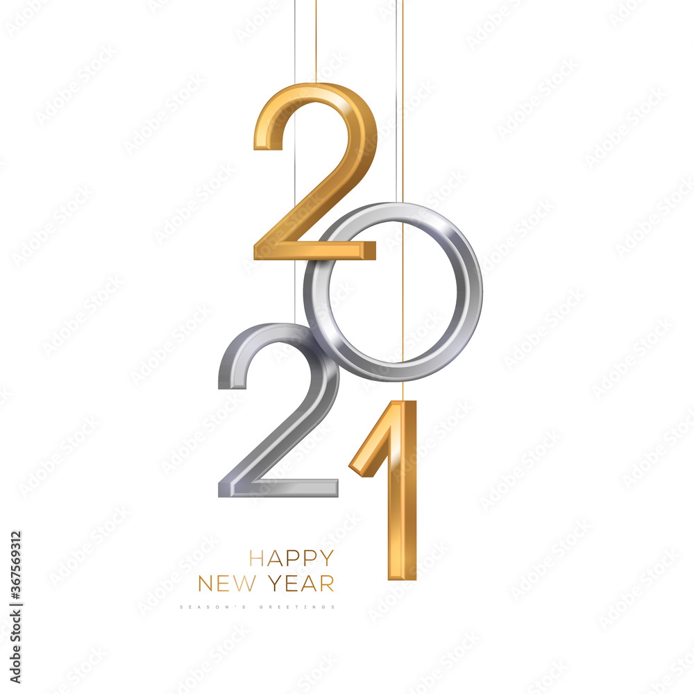 2021 silver and gold numbers hanging on white background. Vector illustration. Minimal invitation design for Christmas and New Year. - obrazy, fototapety, plakaty 