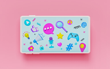 Poster - abstract modern trendy colorful social media and technology icons on a smartphone. 3d rendering