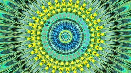 Poster - 3d rendering of a trippy circular background in vibrant green blue and yellow colors