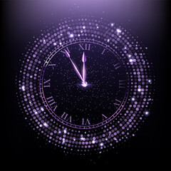 Wall Mural - shining purple round clock on dark background