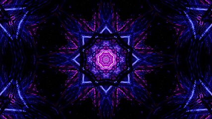 Poster - Digital illustration of purple neon lights in a symmetrical mandala shape on a black background