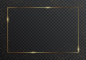 Poster - Thin rectangular golden geometric border and confetti on dark transparent background. Glossy banner with copyspace. Vector elegant colorful wallpaper design