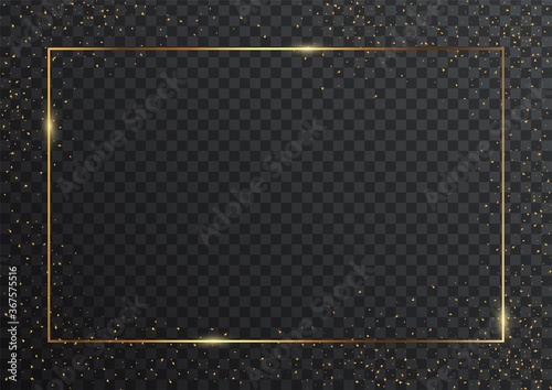 Fotomural Thin rectangular golden geometric border and confetti on dark transparent background