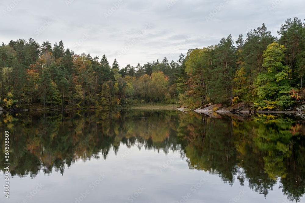 Beautiful shot of Autumn trees and their reflection in the lake - obrazy, fototapety, plakaty 