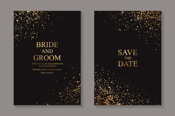 Canvas Print - Modern luxury wedding invitation design or card templates for birthday greeting or certificate or cover with golden paint splashes on a black background.