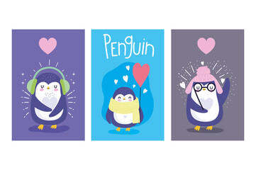 Sticker - penguins with hearts hats and balloon antarctic bird animal cartoon wildlife