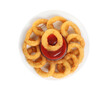 © New Africa - Delicious golden onion rings with ketchup isolated on white, top view
