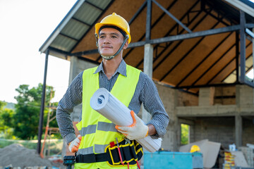 Aufkleber - Foreman with blueprint are working about project in building construction site.