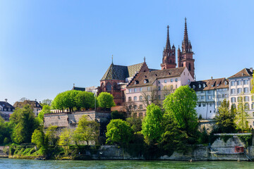 View of the old city and the Basel Minster cathedral . Basel, Switzerland