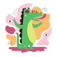 Vector illustration with abstract green crocodile monster with many eyes and pink tongue. Funny flat style print design with animal
