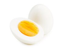 Single Whole Boiled Egg With Halved Egg Isolated On A White Background