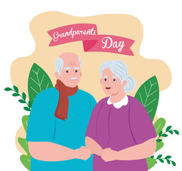 Poster - happy grand parents day with cute older couple and leaves decoration vector illustration design