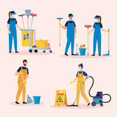 Canvas Print - set scenes of cleaning service, workers of cleaning service with equipments vector illustration design