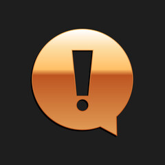 Poster - Gold Exclamation mark in circle icon isolated on black background. Hazard warning symbol. Long shadow style. Vector.