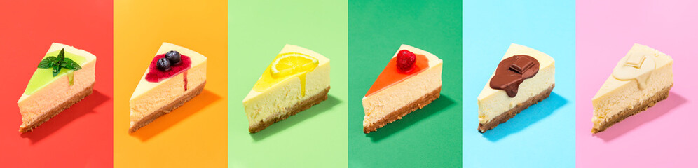 Cheesecake slice collection with a variety of toppings. Set of cake slices