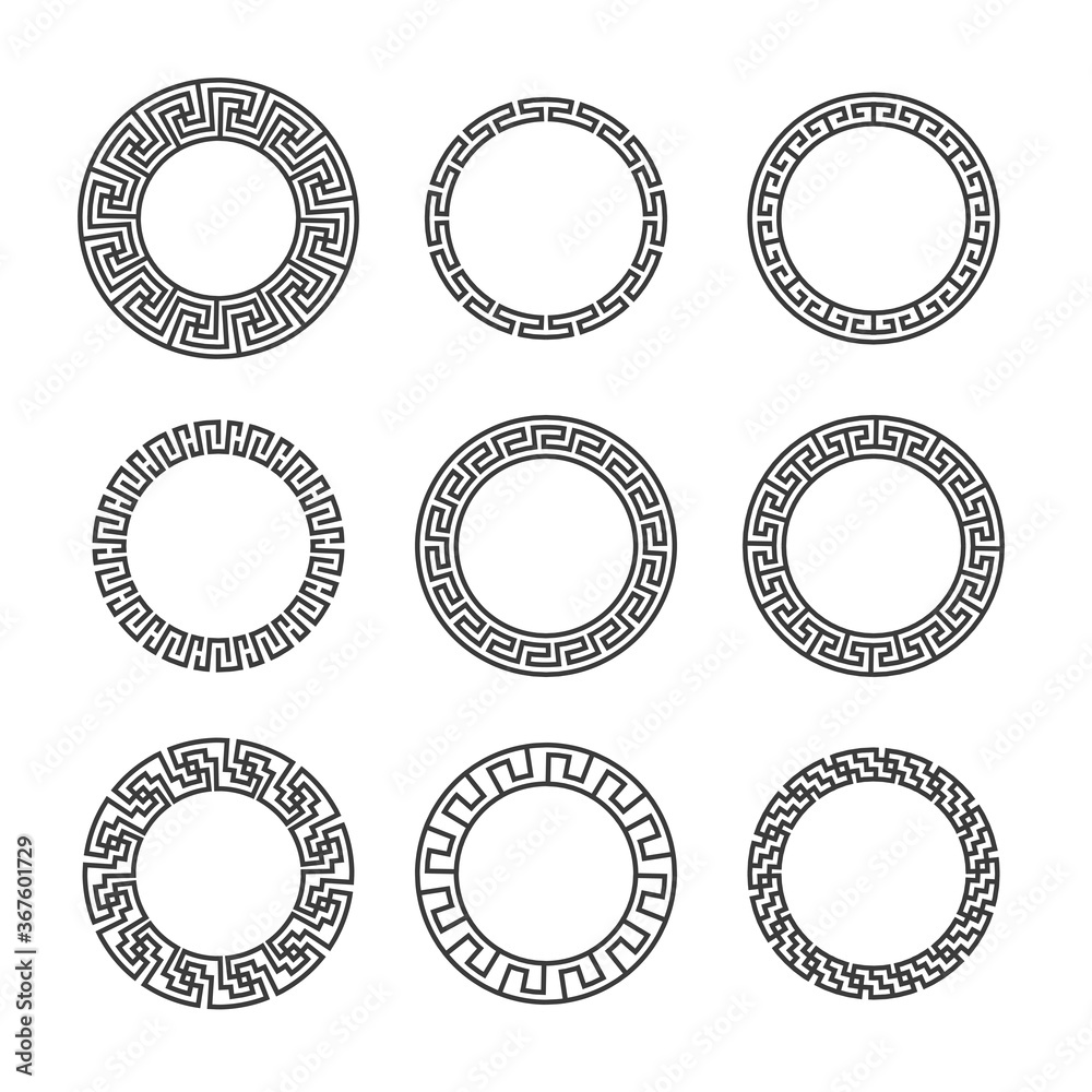 Vetor do Stock Greek round frames. Ancient circular mediterranean frame  borders with hellenic pattern. Geometric mandala tattoo design vector set |  Adobe Stock, image size:1000x1000