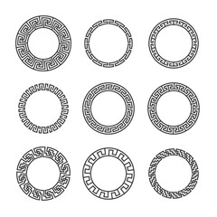 Wall Mural - Greek round frames. Ancient circular mediterranean frame borders with hellenic pattern. Geometric mandala tattoo design vector set