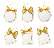 Tags With Gold Bows. Blank White Price Paper Labels With Golden Ribbons For Christmas, Birthday Or Wedding Packaging Gift Vector Realistic Isolated Templates Collection