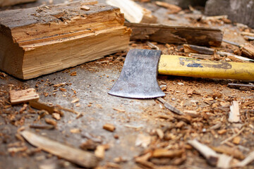 Axe with chopped wood 