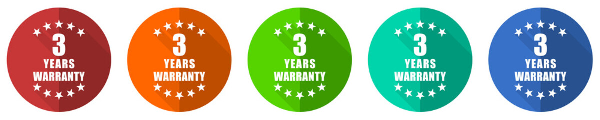 Leinwandbilder - Warranty guarantee 3 year icon set, red, blue, green and orange flat design web buttons isolated on white background, vector illustration