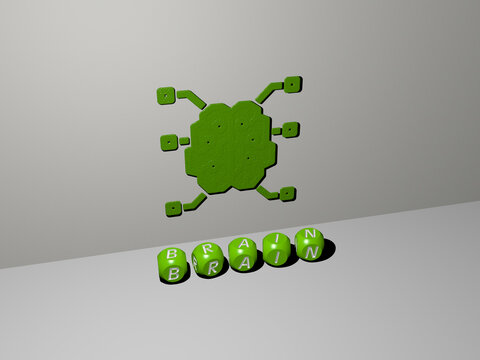 3D illustration of brain graphics and text made by metallic dice letters for the related meanings of the concept and presentations. background and human