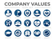 Business Company Values Flat Round Icon Set. Integrity, Leadership, Boldness, Value, Respect, Quality, Teamwork, Positivity, Passion, Education, Efficiency, Cleverness, Commitment, Genuinity Icons