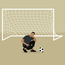 Male Character With A Football Ball On The Background Of A Football Goal