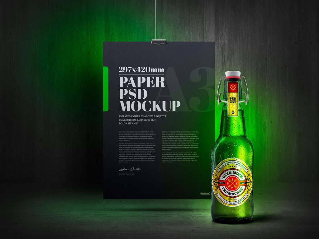 Modello Stock Cold Beer Green Bottle & A3 Poster Dark Scene Mockup | Adobe  Stock