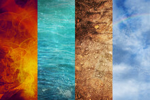 Four Elements Of Nature, Collage Of Abstract Backgrounds From Fire, Water, Earth, And Air, Ecology Concept