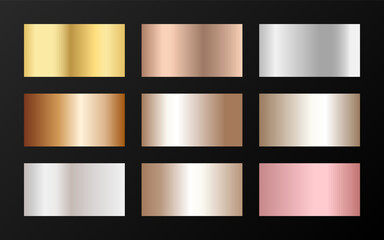 Poster - Metallic foil texture silver, steel, chrome, platinum, copper, bronze, aluminum, rose gold gradient swatches. 