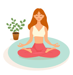 Red-haired woman practices yoga in the lotus position on a blue mat on a white background. Vector illustration of a woman doing asanas. The concept of yoga, meditation, sports, healthy lifestyle