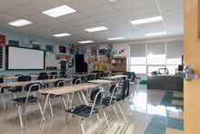 Desks In Empty High School Classroom